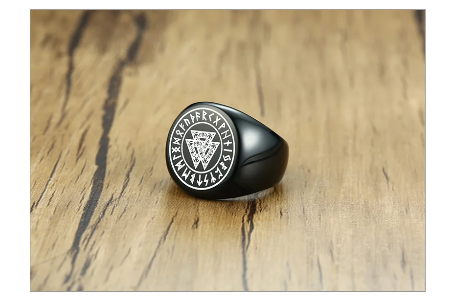 Vnox Stainless Steel Viking Rune Signet Ring for Men Black Male Punk Jewelry with Triple Knot Icon#8-#13