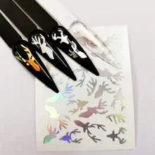 16 шт./компл. голографическая с принтом рождественского оленя и надписью, украшения для ногтей Тонкий лазерным вырезами; серебристые и полоса Стикеры 3D лось, ногти "сделай сам", Стикеры нейл-арта обертывания