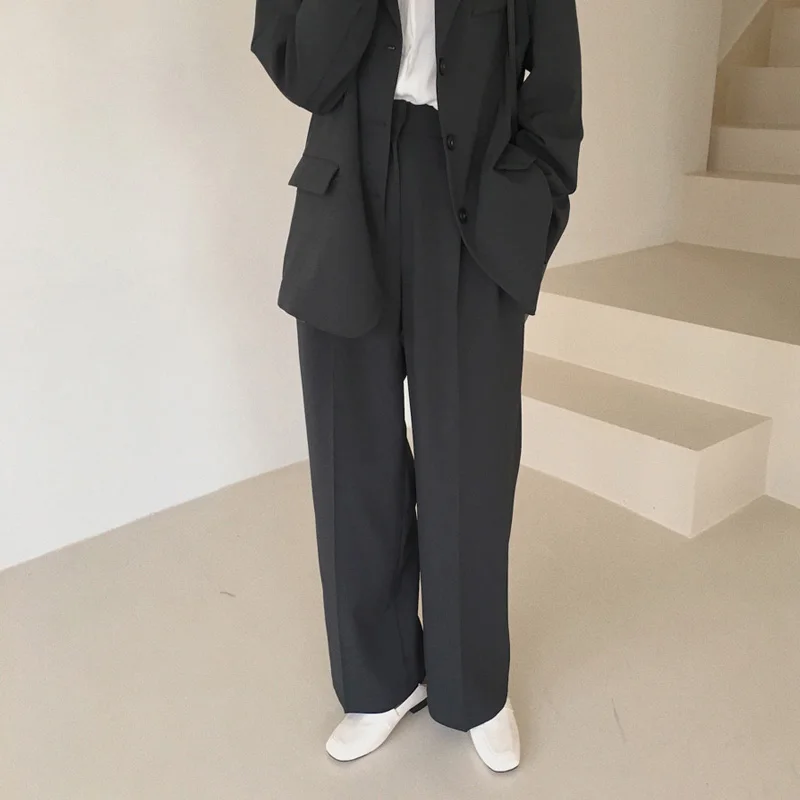 Only Black Pants Осень новое поступление женский черный однотонный комплект из 2 предметов зубчатый Блейзер Высокая талия широкие брюки шикарный костюм женский корейский стиль S98903F - Цвет: Only Black Pants