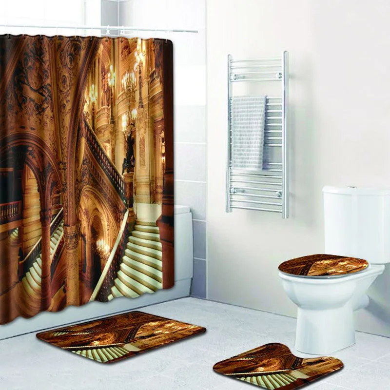 

Beautiful Building Print Polyester Shower Curtain Bathroom Waterproof Hooks Pedestal Rug Lid Toilet Cover Anti-slip Bath Mat