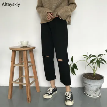 

Jeans Women Denim Holes All-match High Waist Trousers Student Daily Loose Korean Style Solid Simple Zipper Pockets Casual Womens