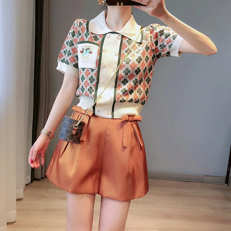 

Four Leaf Clover Jacquard Knit Women Blouses Cropped Tops 2021 Summer Tops Sweater Shirt Lapel Short Sleeve Blouse Blusas Mujer