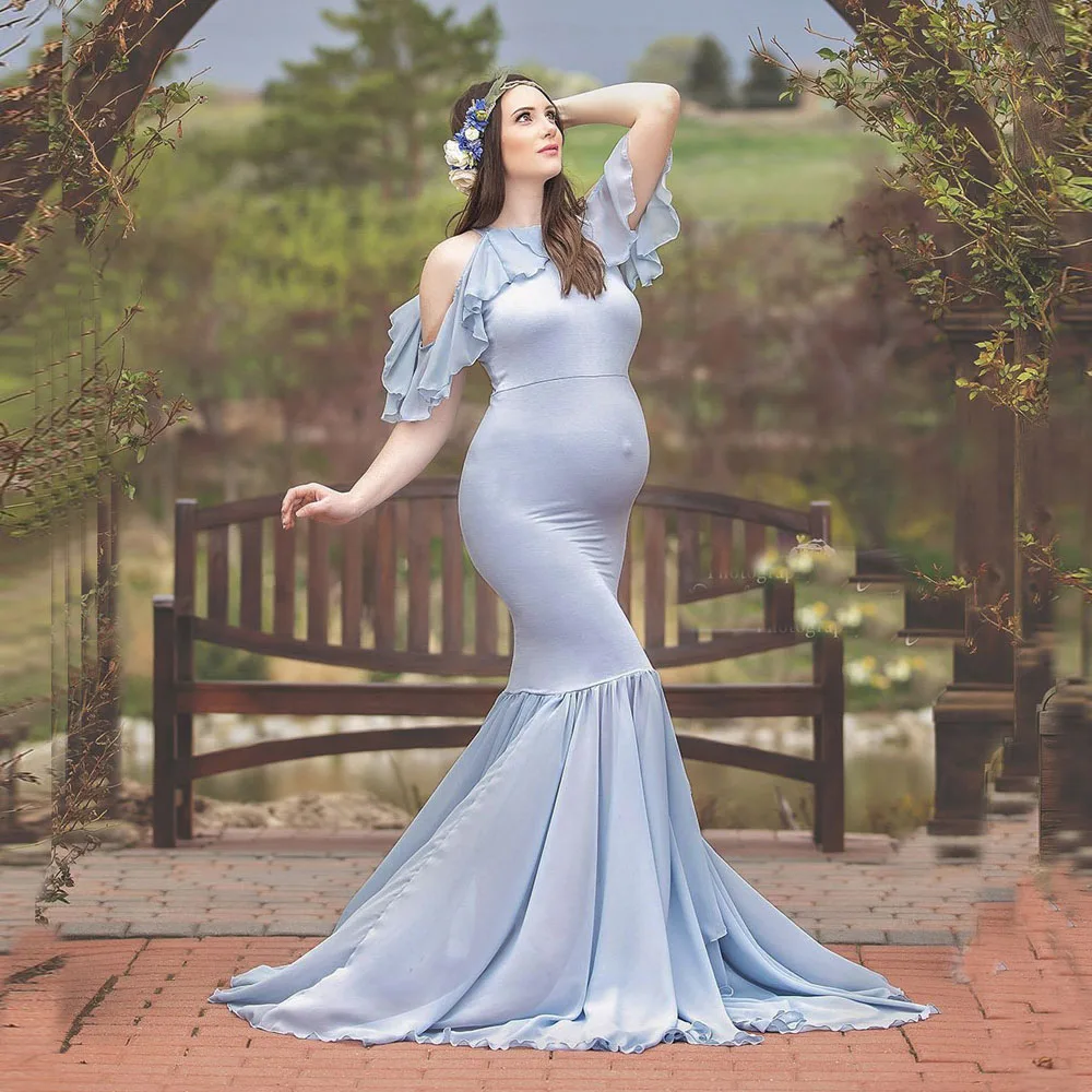 

Fishtail Maternity Dresses For Photo Shoot Pregnancy Dress Photography Shoulderless Maternity Photography Prop Ruffle Maxi Dress