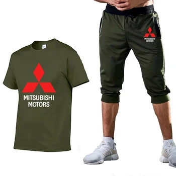 

New Wild Men T Shirts Mitsubishi Car Logo Printing Solid Color Cotton Hip Hop Short Sleeve O Neck Hedging T-shirt Pants Man Suit