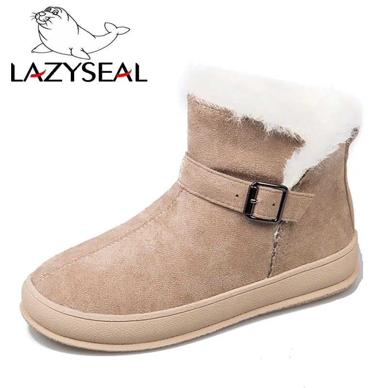 LazySeal зимние ботинки на толстой подошве; Новинка года; женские зимние ботинки из искусственной замши; женская теплая обувь на меху с пряжкой - Цвет: Beige-Buckle