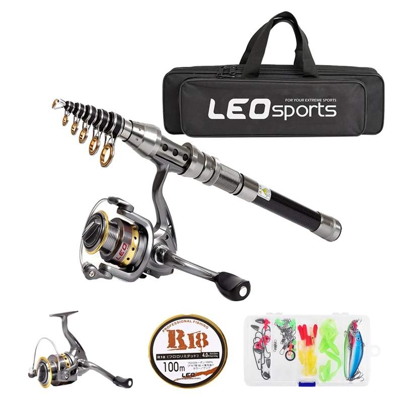 2.1m Fishing Rod and Reel Combo Full Kit Pole Spinning Reel Pole Lures Bag Set 