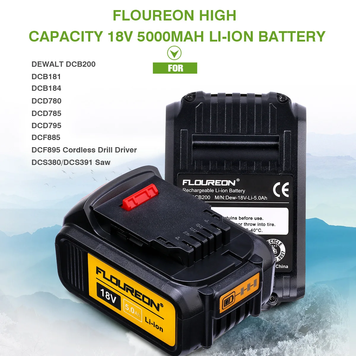 Floureon батарея питания 18 в 5000 мАч Замена для DeWalt дрель DCB200 DCB181 DCB182 DCB184 литий-ионная аккумуляторная батарея