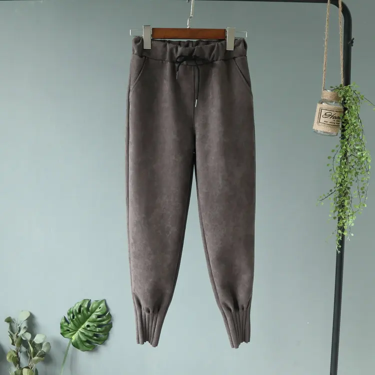 Женские осенние замшевые штаны-шаровары с высокой талией и эластичными карманами, повседневные женские весенние свободные узкие брюки размера плюс - Цвет: Gray