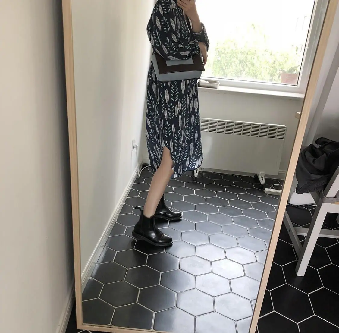 Women's Cotton And Linen Print Dress V-Neck Long Sleeve Loose Blue Dresses