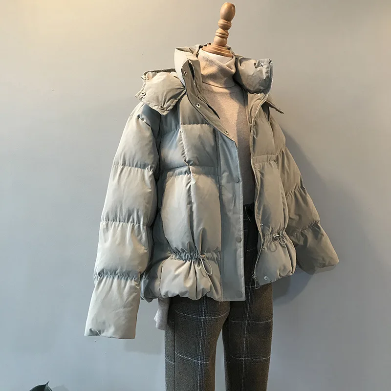 Теплая зимняя короткая куртка женская модная парка с хлопковой подкладкой Harajuku пальто с капюшоном Женская однотонная верхняя одежда с завязками