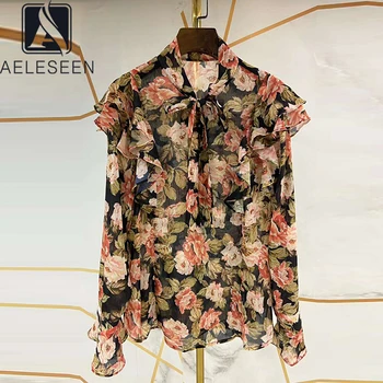 

AELESEEN Runway Fashion Women Blouse 2020 High Quality Bow Collar Flower Print Ruffles Party Holiday Casual Blouse