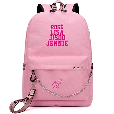 BlackPink Rose Lisa JENNIE USB Backpack School Bags Ptgirl Mochila Travel Bags Laptop Chain USB Port Backpack Bolsas Mochilas - Цвет: G-Pink