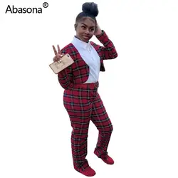 Abasona/женский комплект с клетчатым принтом, офисный женский Глубокий блейзер с v-образным вырезом, узкие брюки с эластичной резинкой на