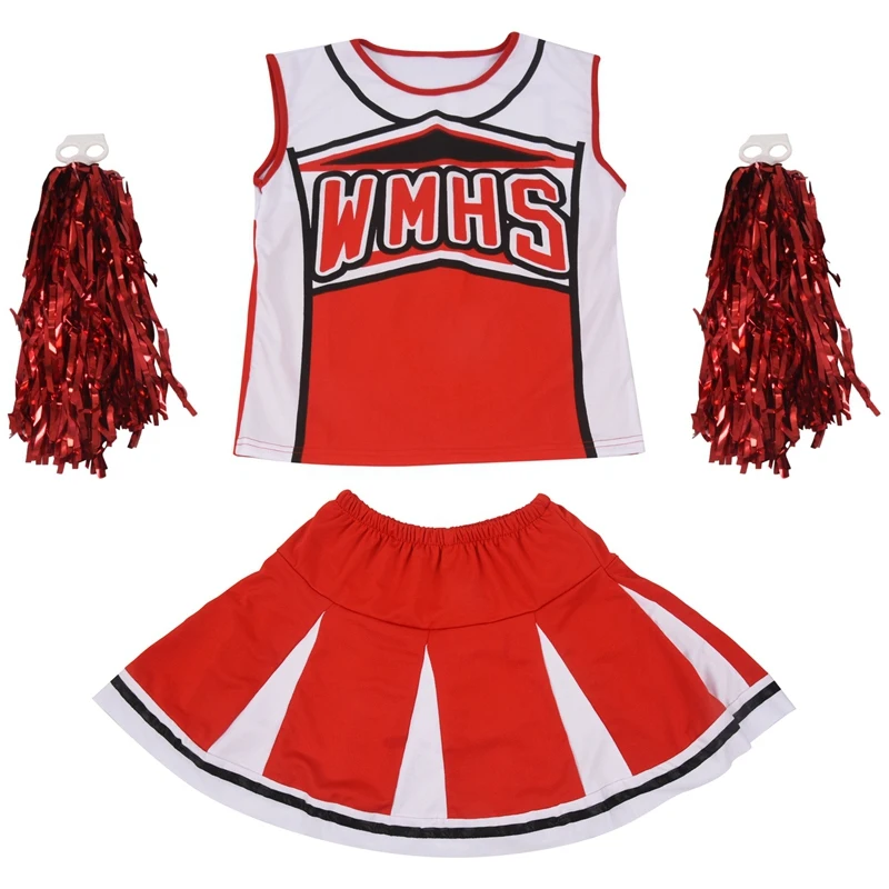 Топ на бретелях, юбка с помпонами и помпонами, костюм для черлидеров cheer leaders M(34-36), комплект из 2 предметов, красный костюм