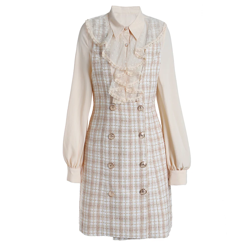 

PERHAPS U black apricot houndtooth tank sleeveless dress with shirt turn down collar ruffle 2 two pieces set elegant plaid T0227