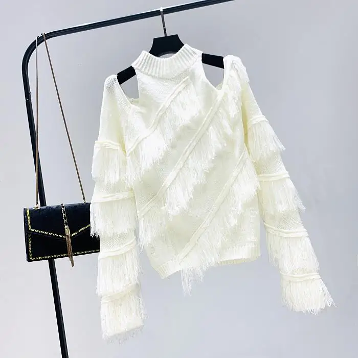 Pull Femme зимний топ с кисточками без бретелек джемперы с воротником женский свитер с длинным рукавом Холтер вязаный пуловер