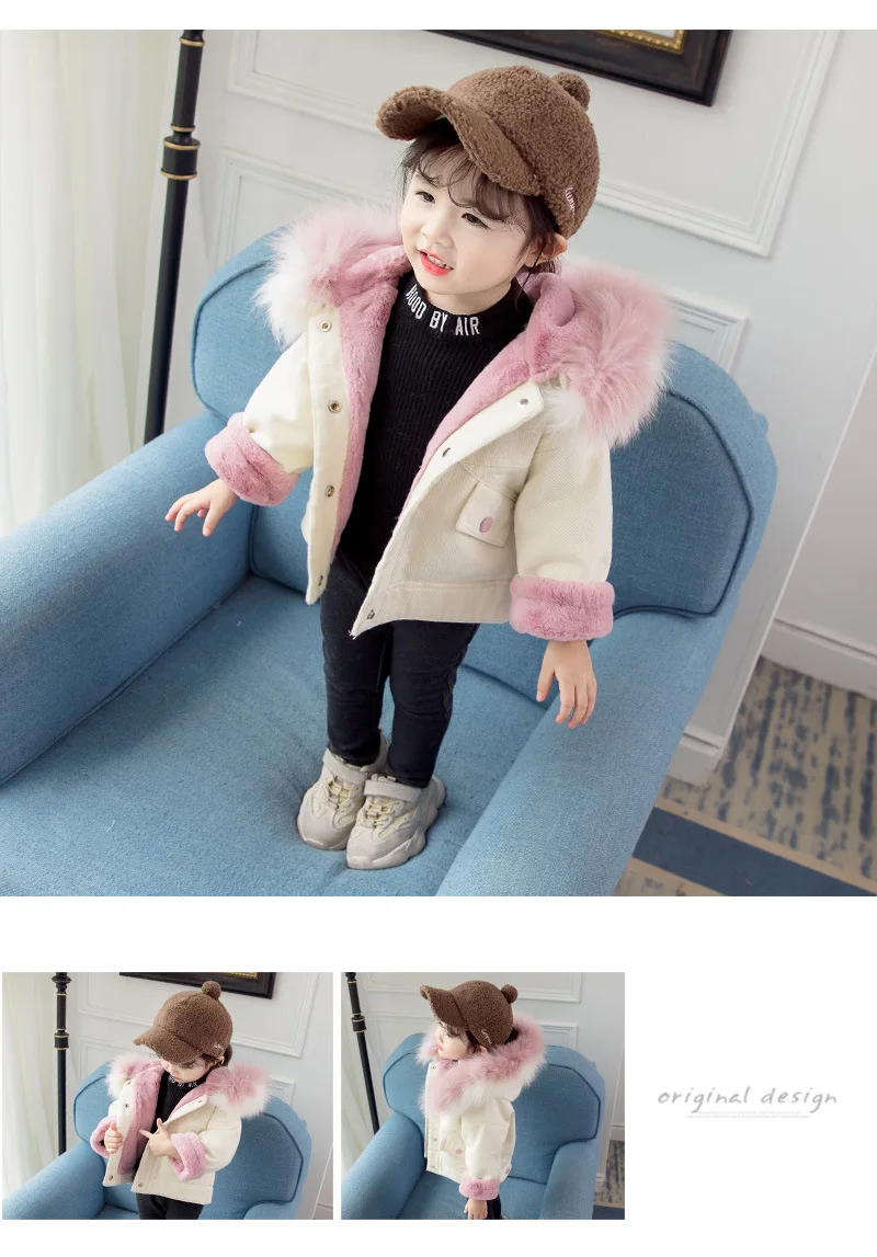 Anlencool/Вельветовая куртка для девочек коллекция года, новая зимняя детская одежда корейское детское утепленное джинсовое пальто с большим меховым воротником и рисунком