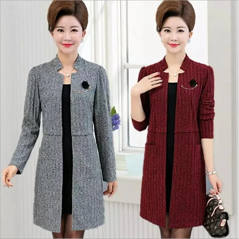 Plus size 5XL Women Knit Cardigan Coats New Middle-aged Clothes Autumn Windbreaker Female Casual Tops Medium Long Outwear QV428