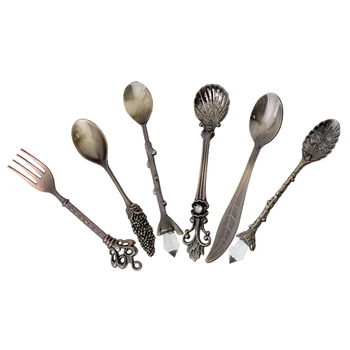 

Travel Cutlery Set 6Pcs/Set Vintage Royal Style Kitchen Dining Bar Bronze Carved Small Coffee Cutlery Dessert For Snacks