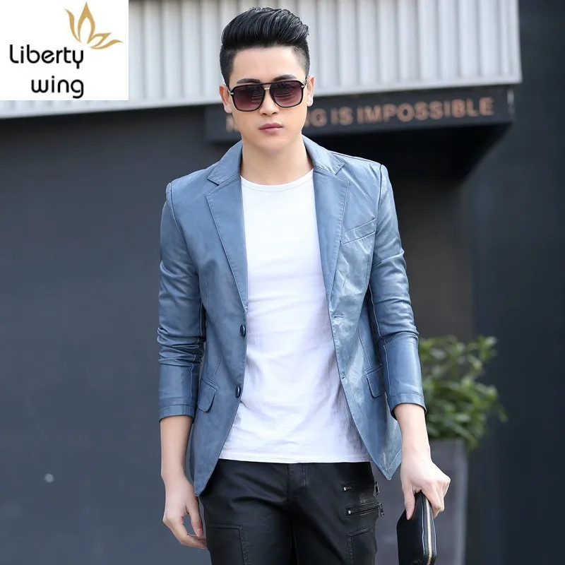 

Spring Autumn Mens PU Jackets Fashion Lapel Man Jacket Blue Black Business Formal Office Coat Men Faux Leather Outwear
