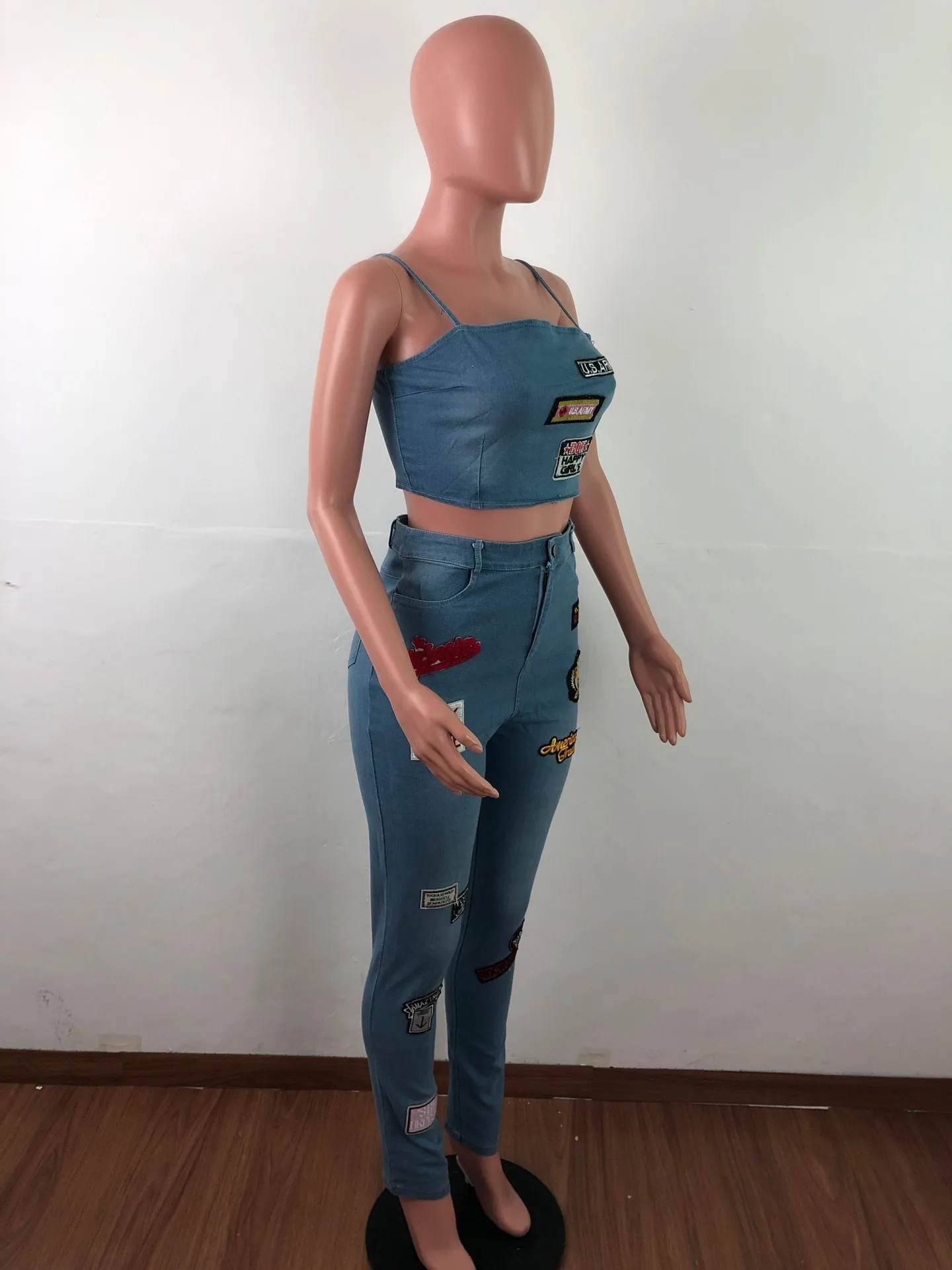 2019 европейские и американские женские летние новые Мультяшные наклейки фланцевый модный джинсовый костюм