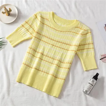 

Women Summer Short Sweaters O Neck Short Sleeve Striped Knitted Pullovers Slim swetry damskie sueter feminino sweter damski