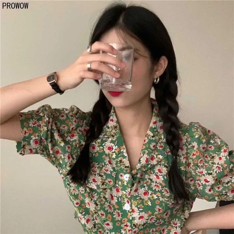 Green Floral Puff Sleeve Tops Women 2020 Summer New Retro Boho Leisure Shirt Korean Elegant Sweet Shirt Tops Lady