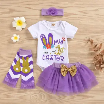 

Kids Baby Girl My 1st Easter Festival Short Sleeve Romper Purple Bow Tutu Skirt Dress Leg Warmers + Flower Headband Clothes Set