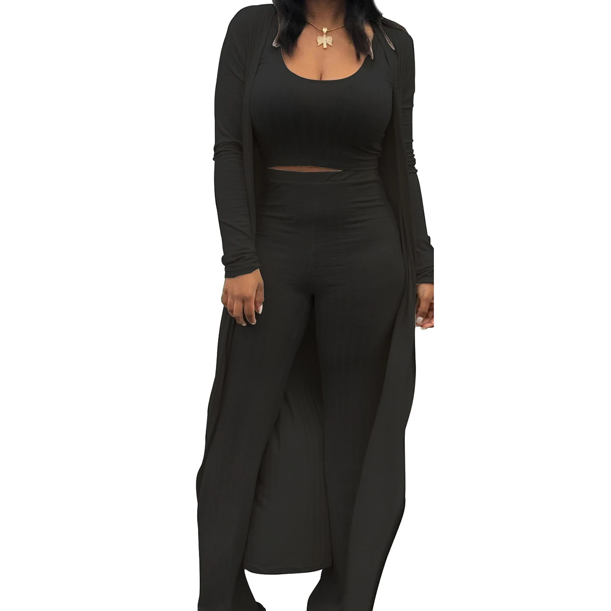

Women Fashion 3-piece Outfit Set Sexy Solid Color Tank Top+Pants+Coat Set for Ladies Clothing Set Knitted Ladies Suits