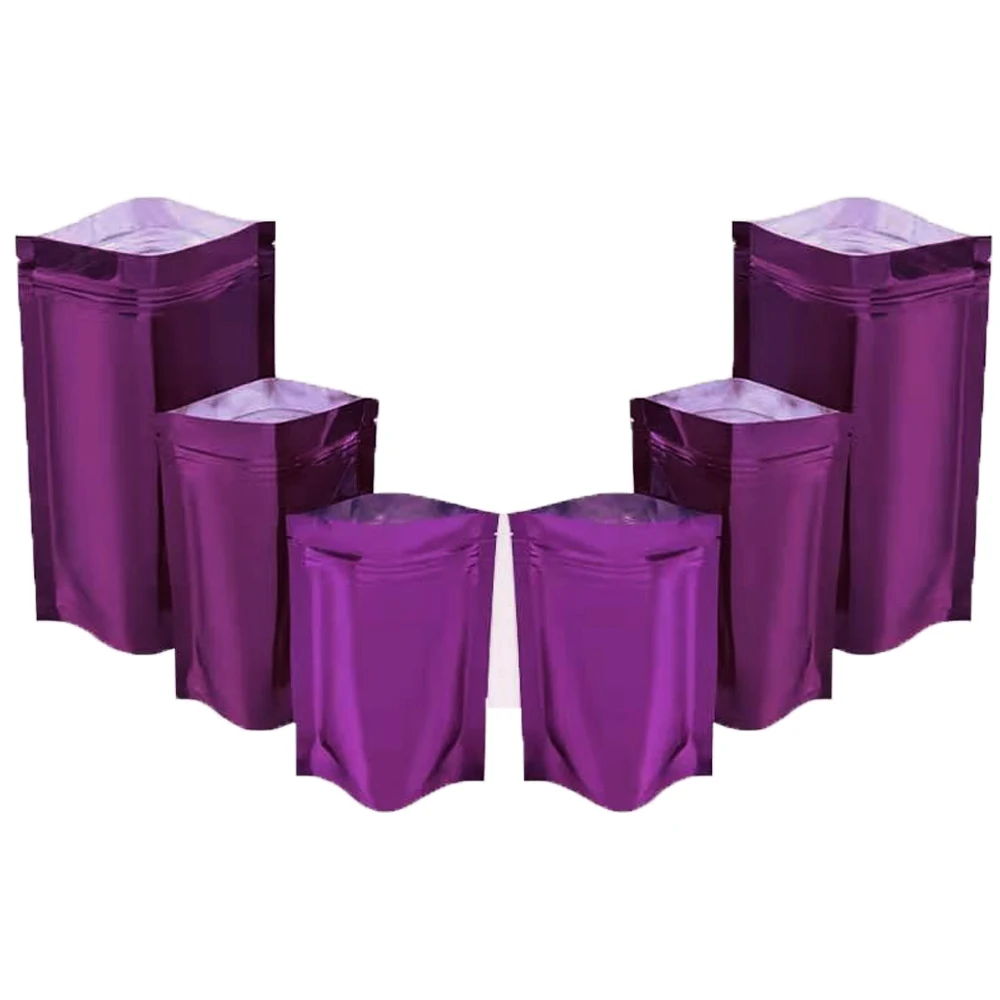 

100Pcs Glossy Purple Zip Lock Stand Up Mylar Foil Bag Food Coffee Bean Tea Snack Packaging Pouches Grip Self Seal Reclosable