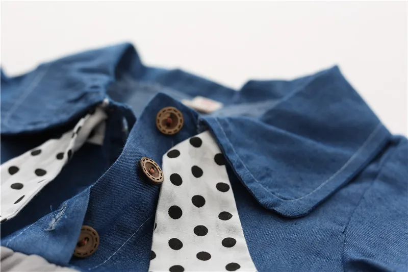 Infant Girls Long Sleeve Lapel Collar Dot Bow Denim Jeans Patchwork Mesh Princess Party Kids Baby Tutu Dress+ Bag vestidos