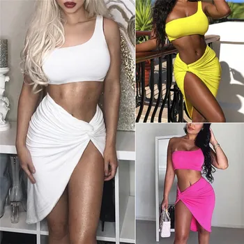 

Hot Sale Sexy Women Two Pieces Sleeveless Off Shoulder Tank Vest Bra Crop Tops High Waist Side Split Skirt Bandage Clubwear