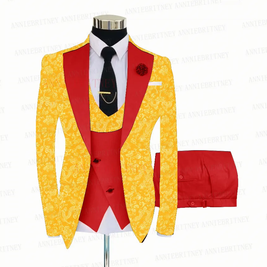 Yellow Floral Printed Groom Wedding Suit Set Slim Fit Formal Men Shiny Jacket Prom Dinner Suit Blazer Vest Pants 3 Pieces