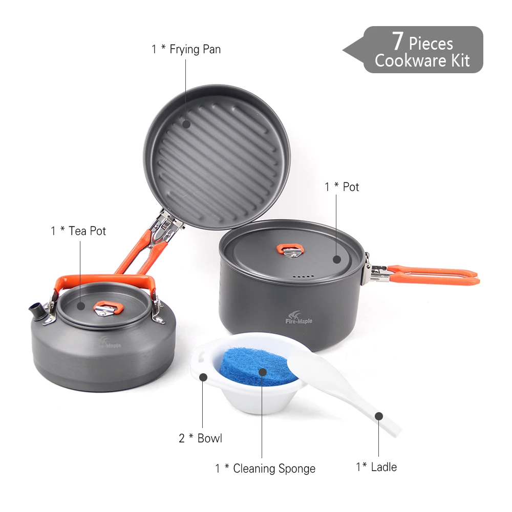 Outdoor Camping 7Pcs Cookware Set Hiking Backpacking Picnic Cooking Pot Frypan Kettle Set with Foldable Handle for 2- 3 People - Color: as picture