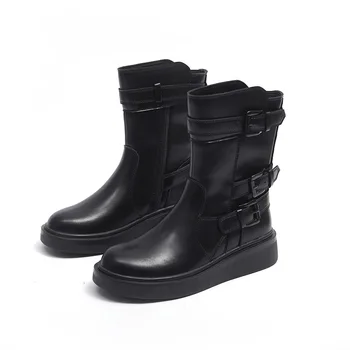 

QWEDF PU Leather Boots 2020 Autumn Women's Shoes Chelsea Short Boots Thick-soled Increased Black Martin Boots Q14-71