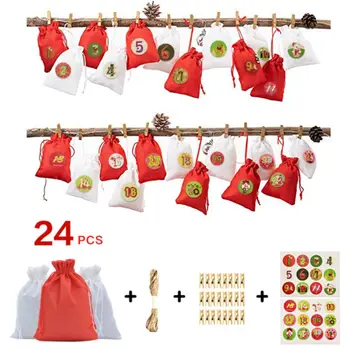 

24pcs/set Advent Christmas Calendar Filling Candy Bag Stickers Clips Drawstring 67JB