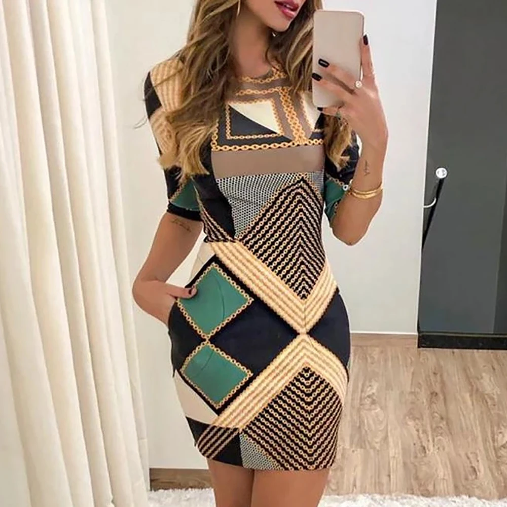 

Women Early Autumn Floral Print Tight Dress Half Sleeve Grid O-Neckline Knee-Length Formal Dress Ladies Elegant Casual Dress D30