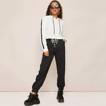 

New Fashion Women High Waist Side Striped Stretch Pants Pocket Loose Harem Pants Ladies Casual Black Trousers Autumn