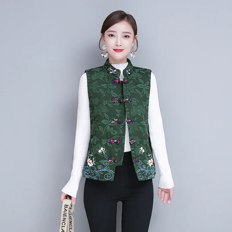 

2019 Winter New Style WOMEN'S Dress National Wind Jacquard Embroidered Stand Collar Frog Thick Cotton Coat Waistcoat Dissection