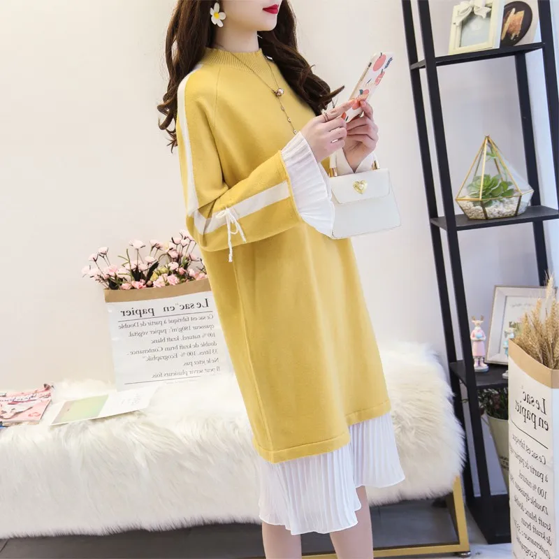 HF19207 Yellow H. SA/Новинка года; зимнее модное платье-свитер с расклешенными рукавами и бантом; милые длинные Джемперы; Лоскутные оборки; трикотажная одежда; sueter feminino - Цвет: HF19207 Yellow