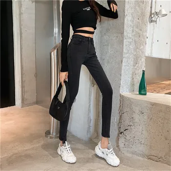 

Real shot 2020 new fashion Korean retro solid color high waist jeans women's slim stretch pencil pants