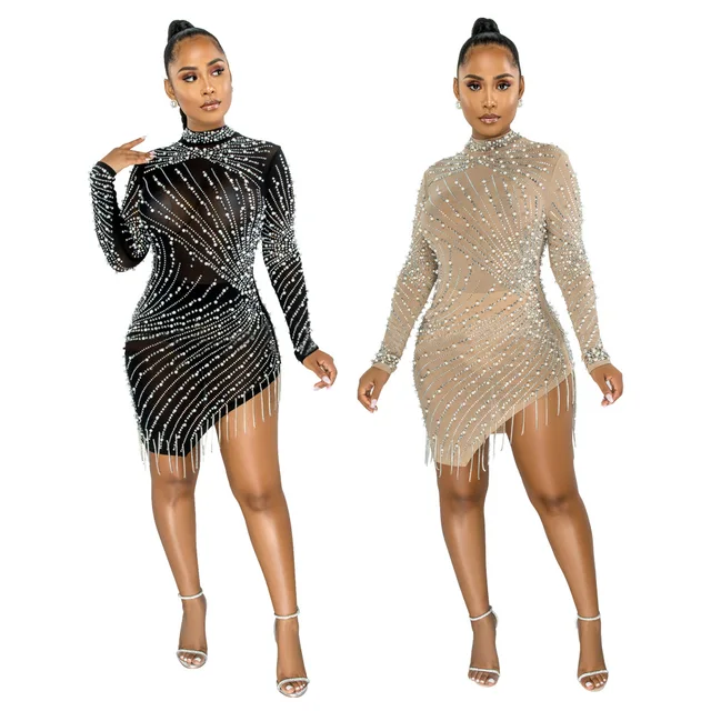 2022 Black Women's Clothing Diamond O-neck Long Sleeve Sexy Celebrity Birthday Dress For Women Vestidos Night Club Party Outfits 1