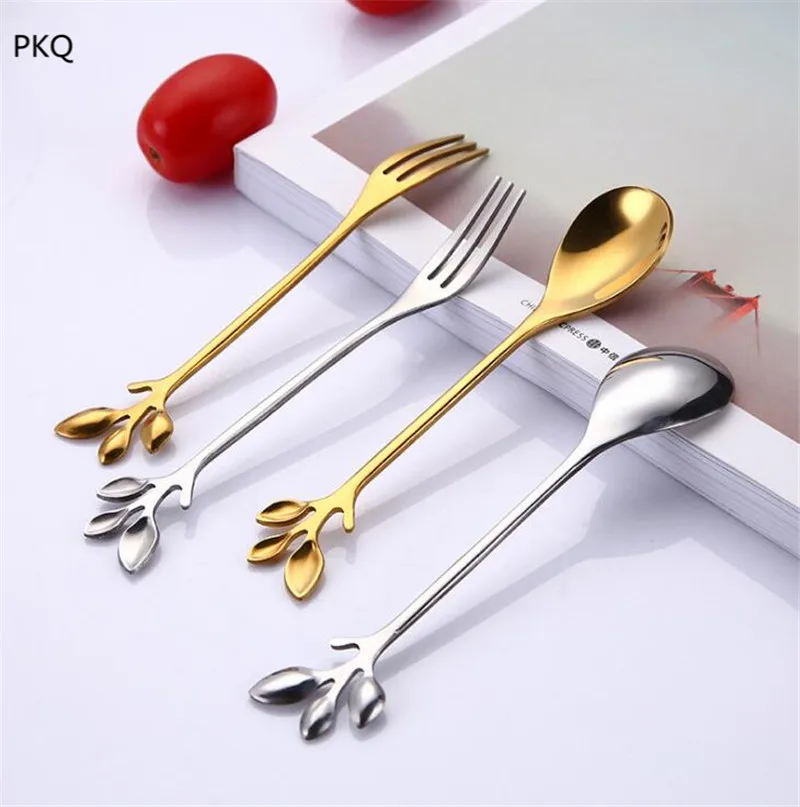 

4pcs/set Gold Silver Spoons Forks DIY Branch Leaves Fork Table Spoon Stirring Tea Spoons Coffee Spoon Dessert Fork