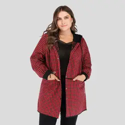 Мода плюс размер осень зима хлопок пальто для женщин длинный рукав карман с капюшоном плед Свободная куртка женская повседневная одежда 2019