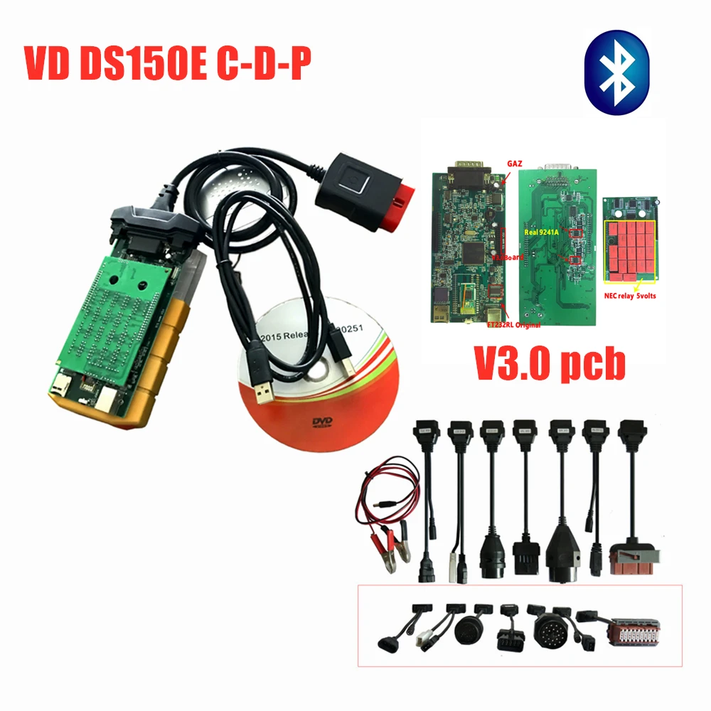 VD TCS C-D-P 2016R0 keygen с bluetooth vci 3,0 pcb сканирование для delphis VD DS150E C-D-P obd2 Диагностический Инструмент+ 8 шт. Автомобильный Кабель - Цвет: with bluetooth