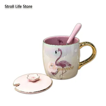 

Ceramic Coffee Cup Creative Gold Mug with Cover Spoon Nordic Women's Breakfast Milk Office Water Cup Tazas Birthday Gift CM090