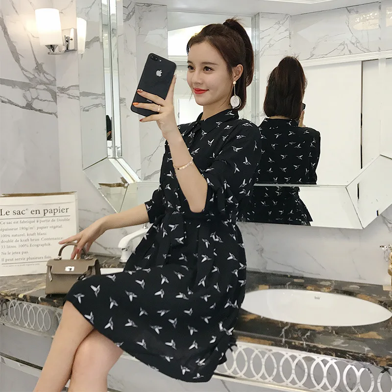 Photo Shoot Large Size Dress Autumn And Obesity Size Printed Mid-length Loose-Fit Chiffon Thousands of Birds Dress