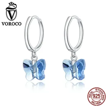 

VOROCO Genuine 925 Sterling Silver Crystal Butterfly Stud Earrings for Women silver Jewelry 2020 Brincos wedding Earring BKE959