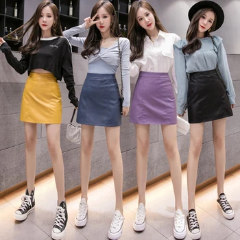 

Autumn Fashion Elegant Women Pu Leather Skirt Casual High Waist Mini Skirt Ladies A-line Short Skirts Black Yellow