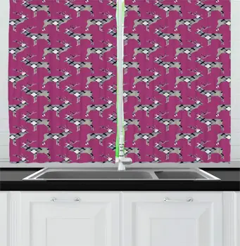 

Dark Magenta Reindeer Kitchen Curtains Repetitive Deer Silhouette Plaid Tartan Squares on a Funky Backdrop Window Drapes